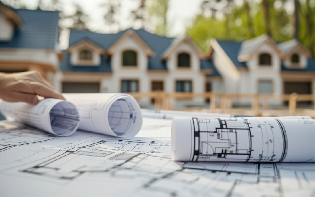 Architectural blueprints for home additions with houses under construction in background