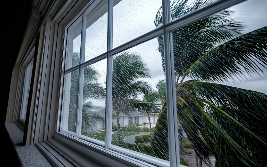 Rain hitting impact-resistant PGT windows during storm with palm trees outside