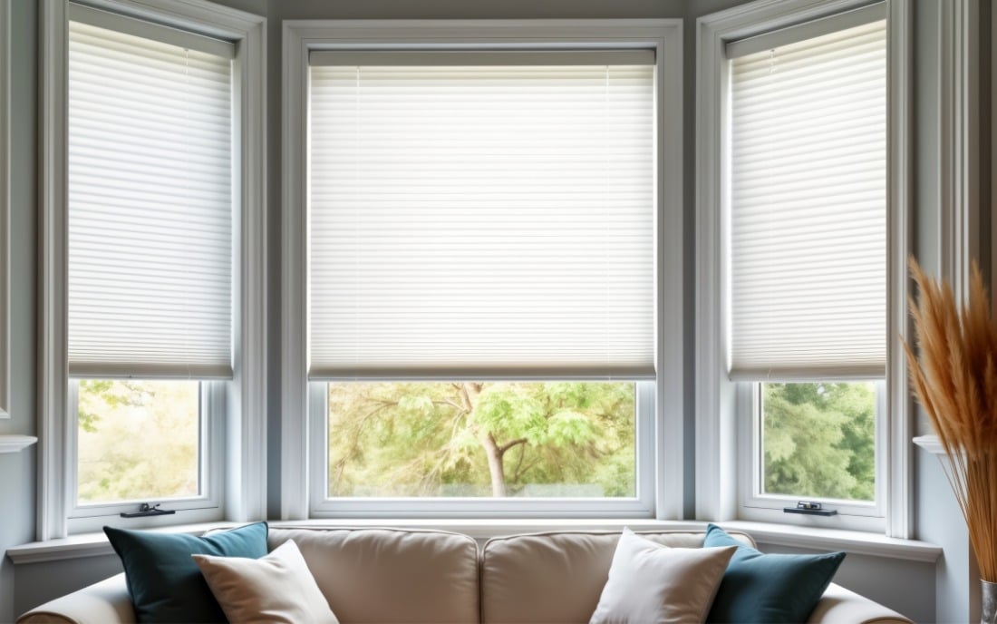 Bay windows with closed white blinds in a modern living room