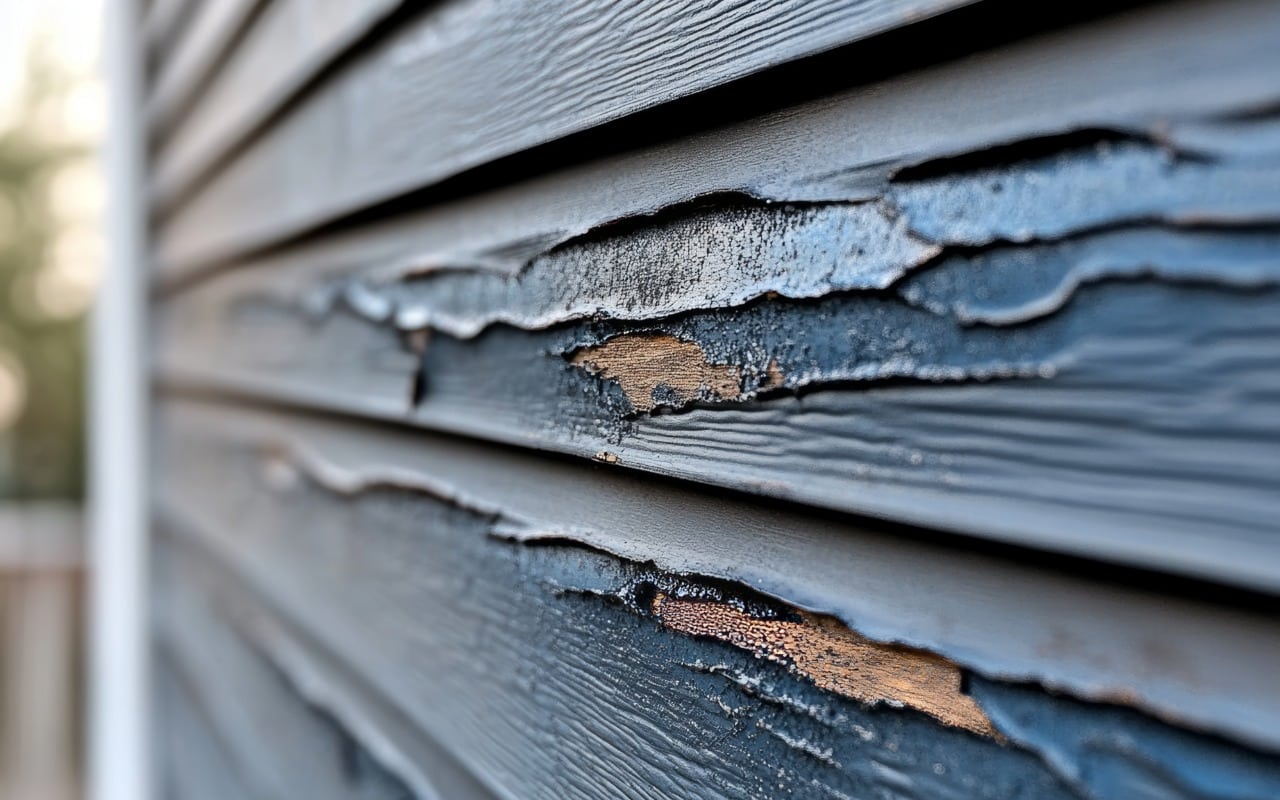 Close-up of damaged house siding with peeling, cracked paint exposing the wood beneath.