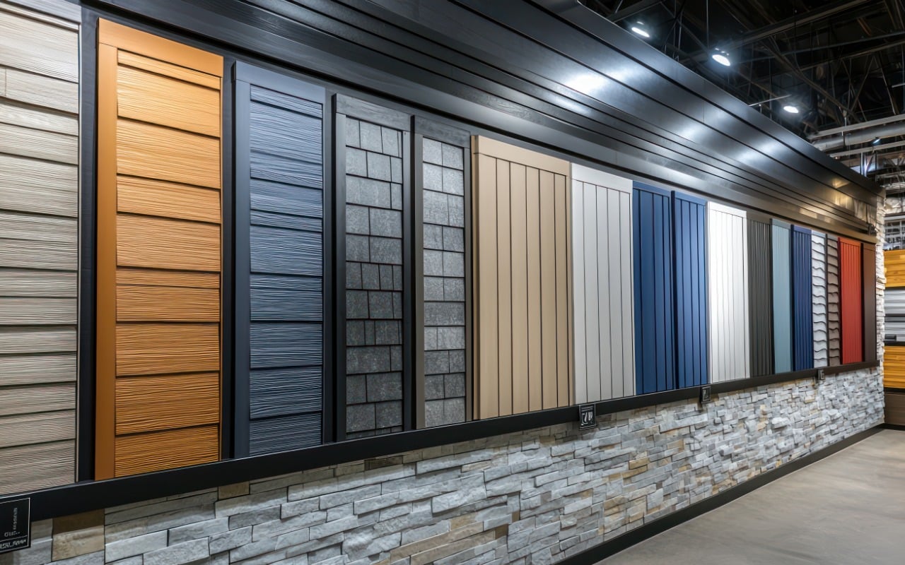 A showroom wall displaying a wide range of exterior siding samples in various colors, textures, and materials.