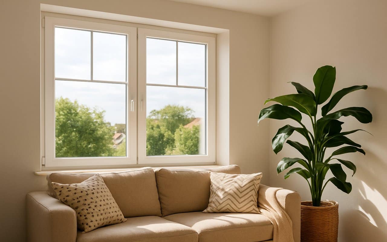 natural light windows in a bright living room with beige sofa