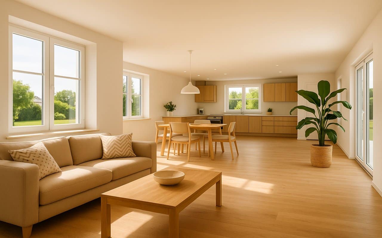 open concept addition with bright living, dining, and kitchen area